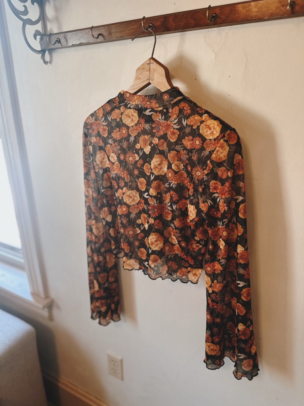 Sheer Floral Bell-Sleeve Crop Top